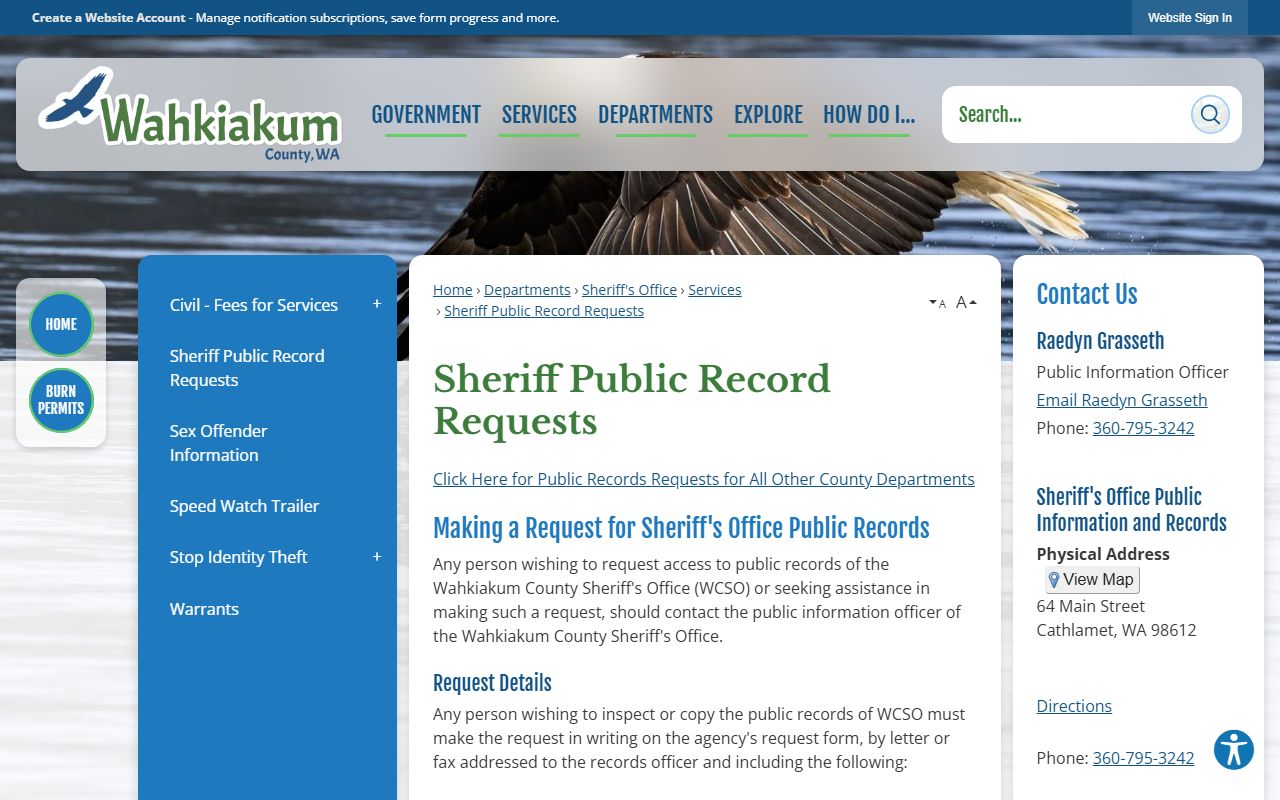 Wahkiakum County booking photo records request instructions from Sheriff's Office